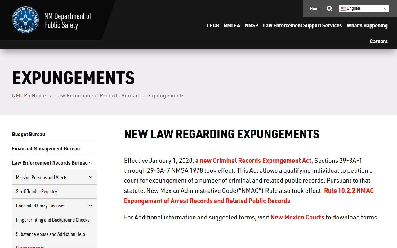 Catron County arrest records New Mexico DPS expungements page