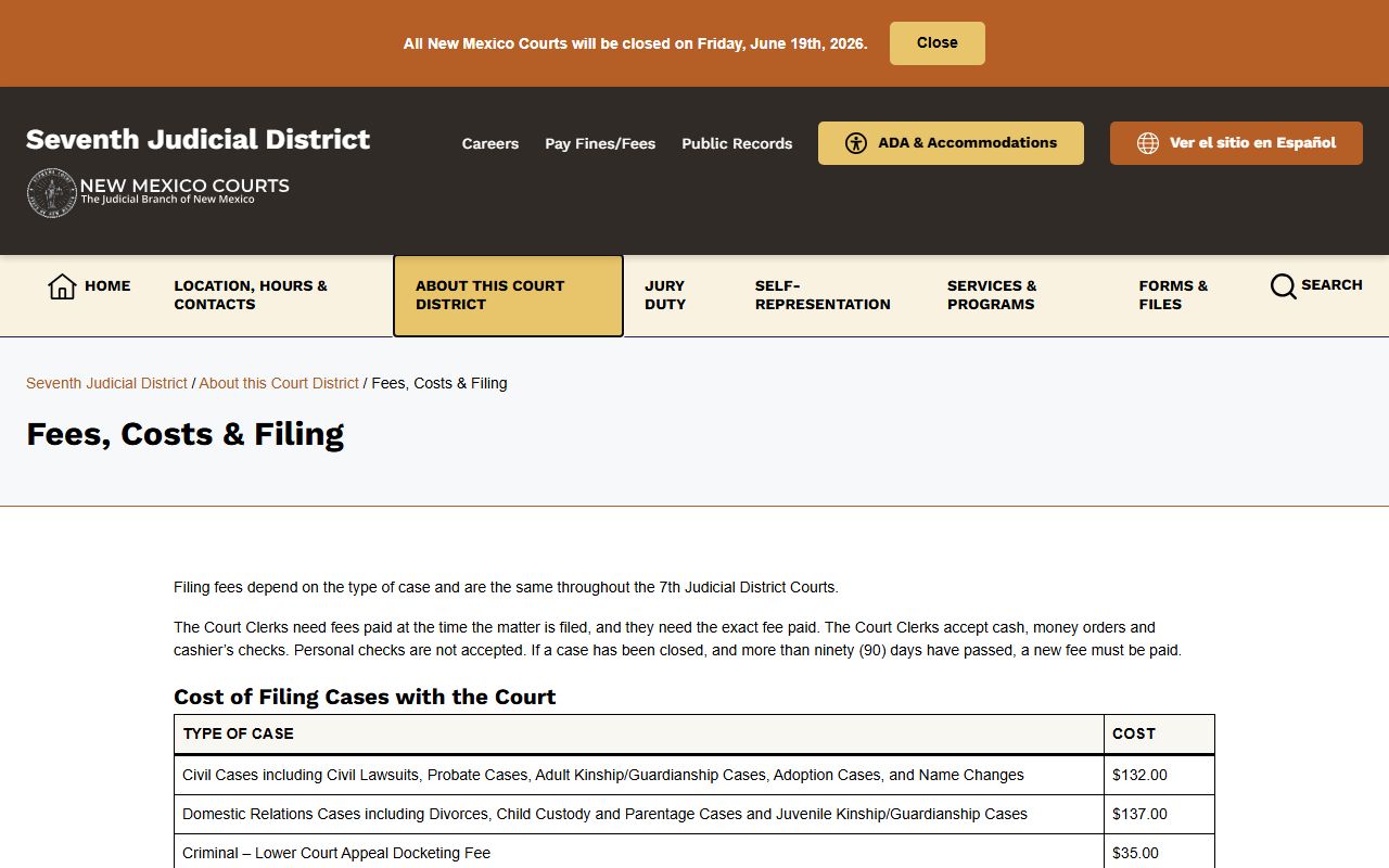 Seventh Judicial District fees and filing costs page